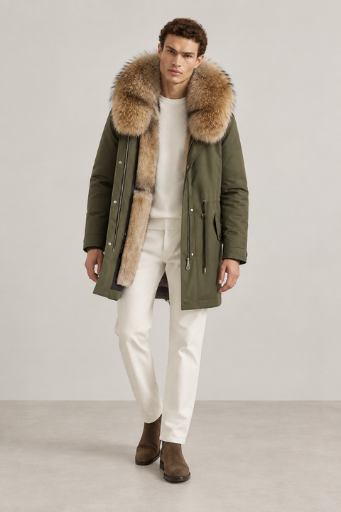 Parka masculina verde forrada a pele