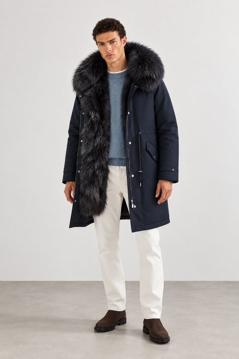 Parka mi-longue pour homme en fourrure de renard bleu marine