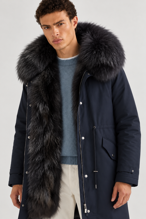 Parka mi-longue pour homme en fourrure de renard bleu marine