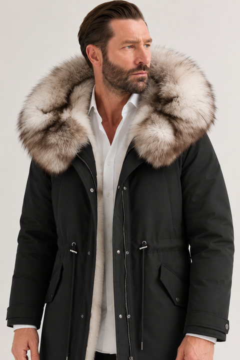 Parka da uomo nero foderato in pelliccia