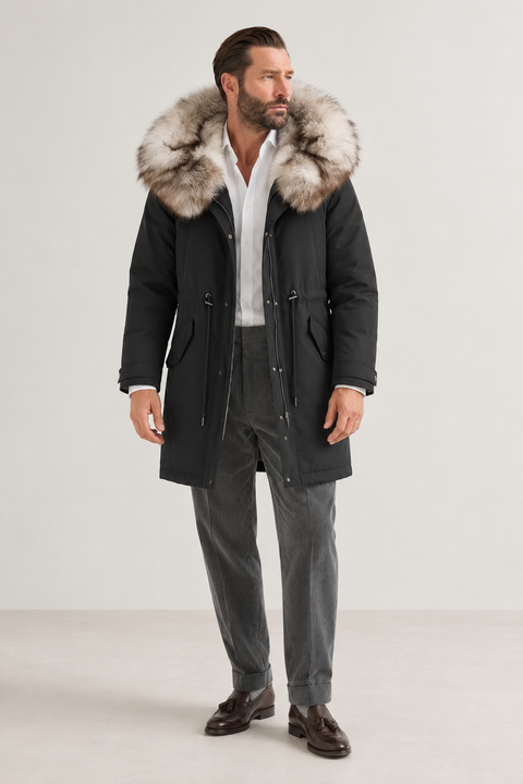 Parka da uomo nero foderato in pelliccia