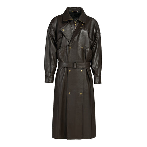 Long trench-coat en cuir véritable