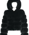 SERINA black hooded fox fur coat for women in soft luxury fur, designed with horizontal panels for winter warmth and style