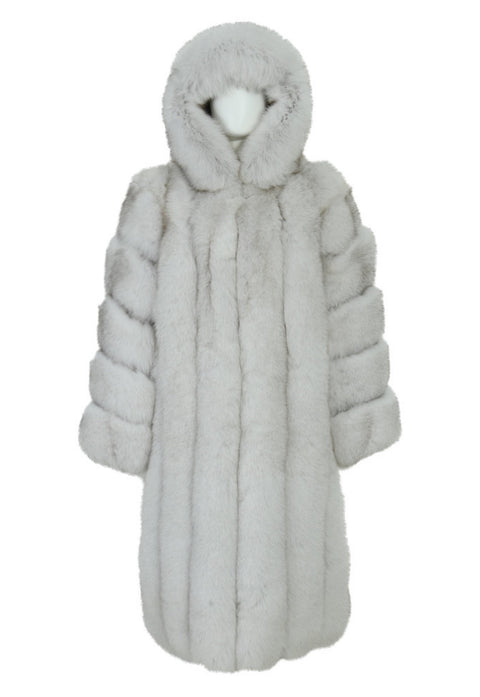 Elegant hooded Fox Fur Coat, showcasing a full-length silhouette and premium natural fox fur.