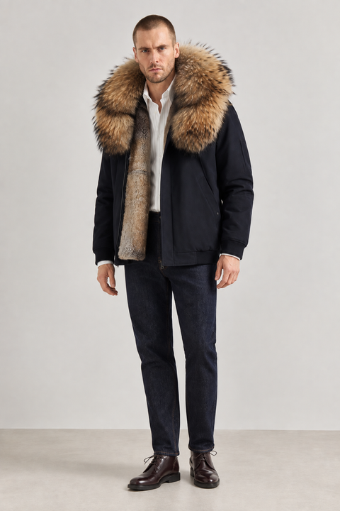 Parka negra de piel forrada para hombre