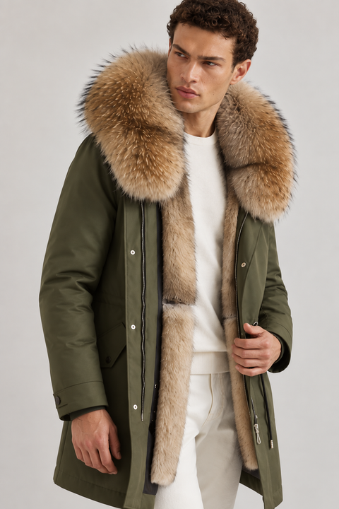 Parka negra de piel forrada para hombre