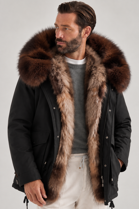 Schwarzer gefütterter Pelzparka für Herren