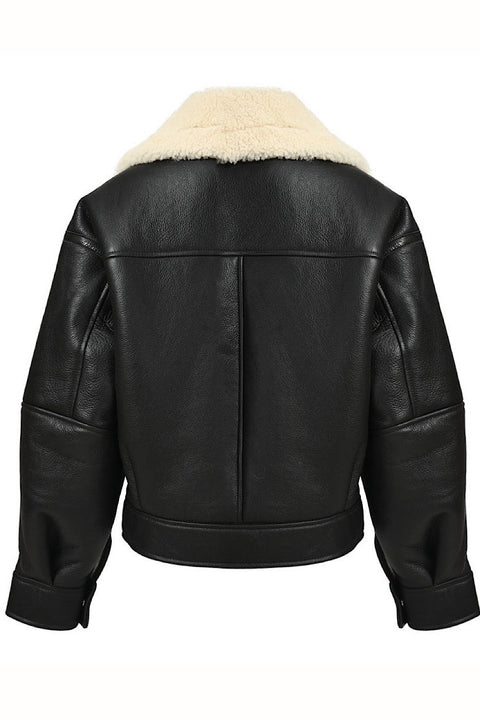 Black sheepskin aviator leather bomber with plush shearling lining, designed in a cropped voluminous style that offers both warmth and a trendy sporty look.
