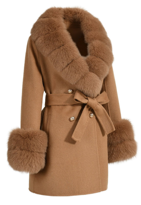 This short camel cashmere coat with plush fox fur trim and gold buttons adds a touch of sophistication to a woman's wardrobe, ideal for both formal and casual occasions.