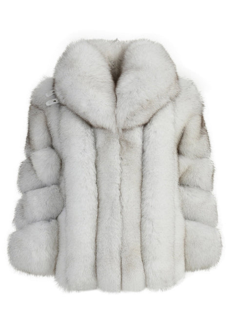 This exquisite natural white fox fur coat showcases a dramatic maxi collar, perfect for making a bold statement during winter events.