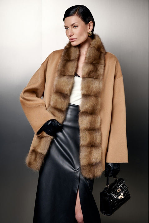 Short Camel Wool Coat with Mink Fur featuring a luxurious mink fur trim and elegant silhouette.