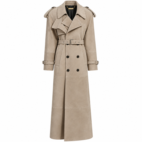 Echter brauner Veloursleder-Trenchcoat
