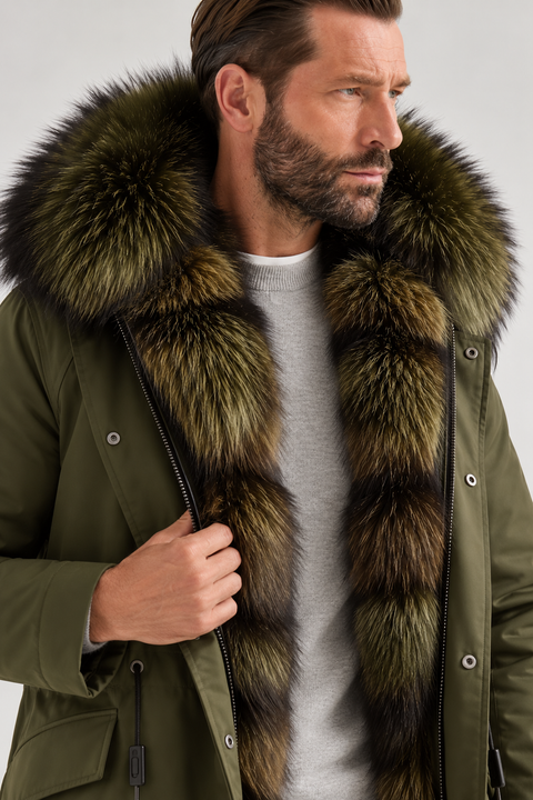Men Midi Green Fox Fur Parka
