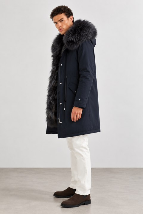 Parka midi da uomo nero in pelliccia di volpe