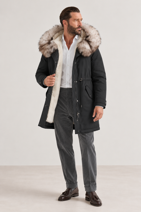 Parka negra de piel forrada para hombre
