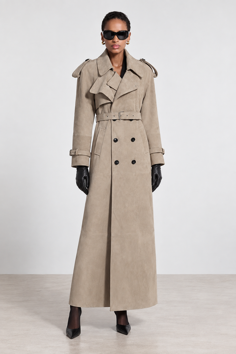 Echter brauner Veloursleder-Trenchcoat