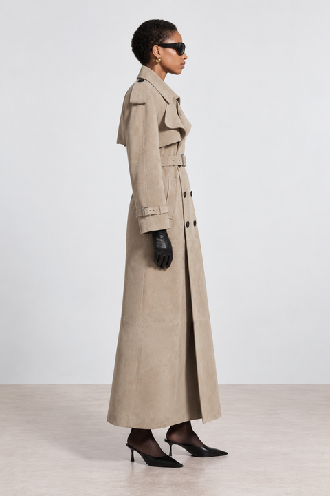 Echter brauner Veloursleder-Trenchcoat