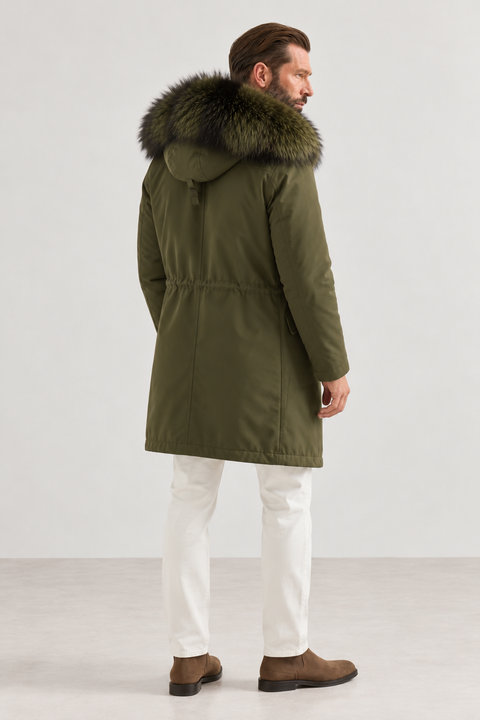 Men Midi Green Fox Fur Parka