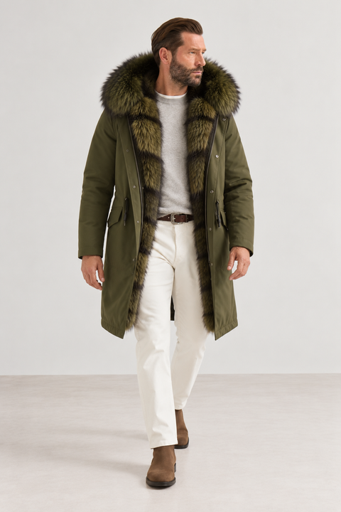 Men Midi Green Fox Fur Parka