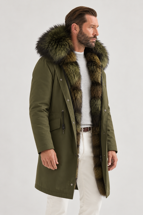 Men Midi Green Fox Fur Parka