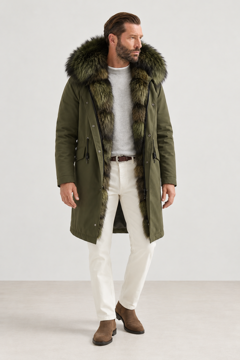 Men Midi Green Fox Fur Parka