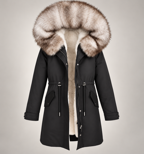 Parka negra de piel forrada para hombre