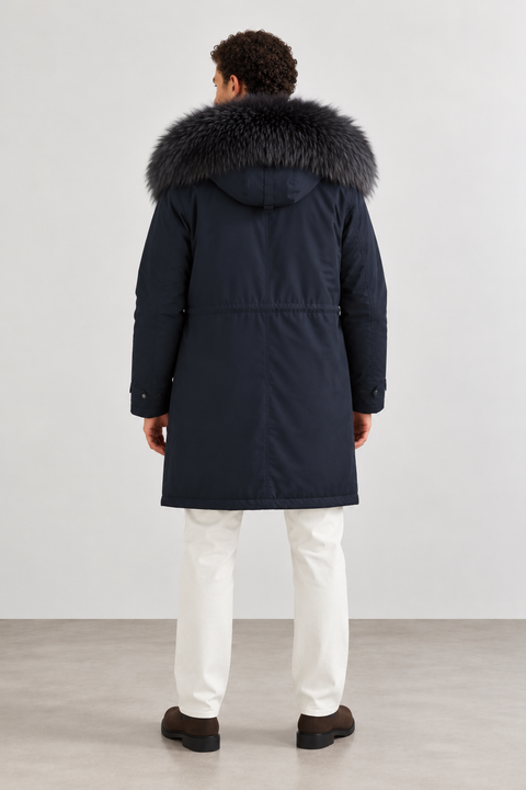 Parka midi da uomo nero in pelliccia di volpe