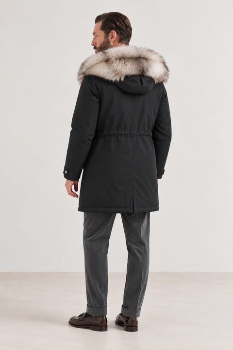 Parka negra de piel forrada para hombre