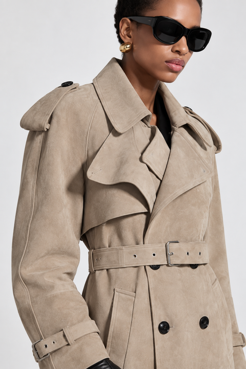 Echter brauner Veloursleder-Trenchcoat