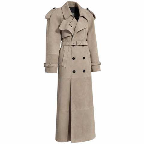 Echter brauner Veloursleder-Trenchcoat