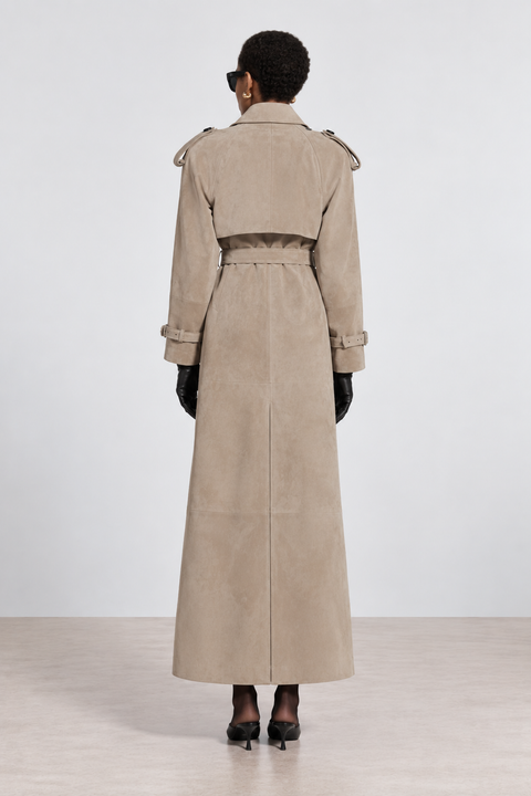 Echter brauner Veloursleder-Trenchcoat